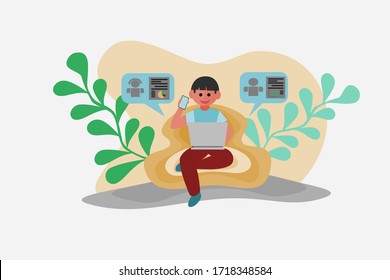 Arbeiten Sie bei der Konzeption des Hauses. Freelance-Mann, der an Laptop arbeitet, bei seinem Haus Vektorgrafik auf weißem Hintergrund. Online-Studie