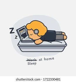 Work at home concept design. Freelance man working on laptop at him bed turned out that he was asleep. Vector illustration isolated on white background. Online study, education.