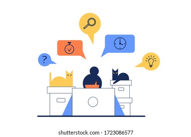 Work at home concept design. Freelance woman working on laptop at her house, dressed in home clothes. Vector illustration isolated on white background. Online study, education.