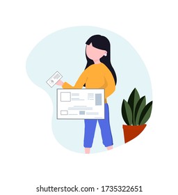Diseño de concepto de trabajo en casa. Mujer independiente trabajando en documentos en su casa, vestida con ropa de casa y flor. Ilustración vectorial aislada en fondo blanco. Trabajo remoto en línea