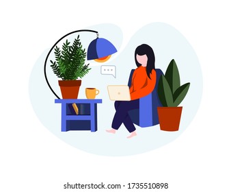Work at home concept design. Freelance woman working on laptop at her house, dressed in home clothes with cup and flowers, with lump and vane books. Vector illustration isolated on white background.