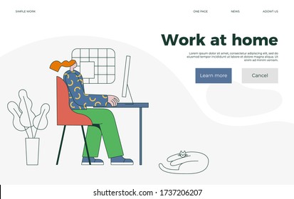 Work at home concept design. Freelance girl is sitting at table in profile. Woman working with computer. Sleeping cat. Home office landing, page. Online study, education. Vector flat illustration