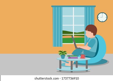 Work at home concept design. Freelance man working on laptop at his house Vector illustration on white background. Online study
