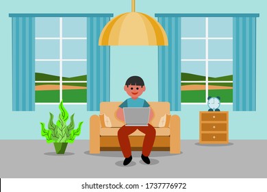 Diseño de concepto de trabajo en casa. Hombre independiente trabajando en una laptop en su casa. Ilustración de vectores sobre fondo blanco. Estudio en línea