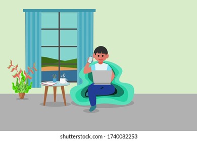 Diseño de concepto de trabajo en casa. Hombre independiente trabajando en una laptop en su casa. Ilustración de vectores sobre fondo blanco. Estudio en línea