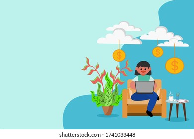 Diseño de concepto de trabajo en casa. Hombre independiente trabajando en una laptop en su casa. Ilustración de vectores sobre fondo blanco. Estudio en línea