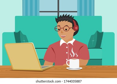 Work at home concept design. Freelance man working on laptop at his house Vector illustration on white background. Online study