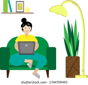 Work at home concept design. Freelance woman work online on laptop at her house, dressed in home clothes. Vector illustration isolated on white background. 