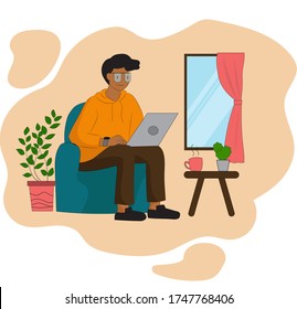 Work at home concept design. Freelance man working on laptop at his house. Online study, education. flat design Vector illustration
