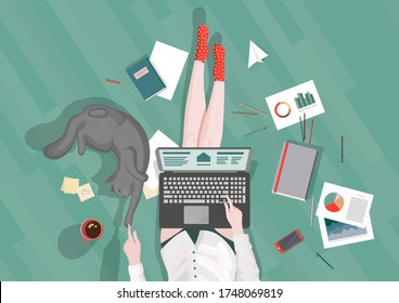 Work at home concept design. Freelance woman working on laptop at her house, dressed in home clothes. Vector illustration isolated on white background. Online study, education