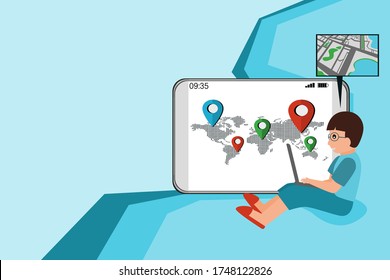 Work at home concept design. Freelance man working on laptop and on smartphone  at his house.  Vector illustration on white background. Online social network on map.