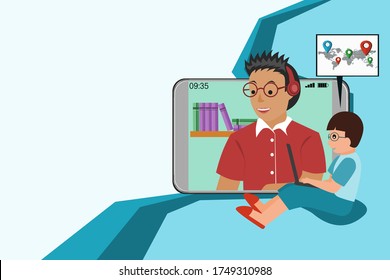 Work at home concept design. Freelance man working on laptop and on smartphone  at his house.  Vector illustration on white background. Online social network on map.