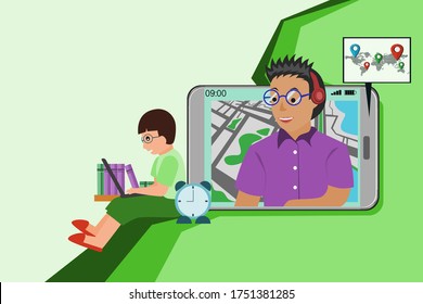 Work at home concept design. Freelance man working on laptop and on smartphone  at his house.  Vector illustration on white background. Online social network on map.