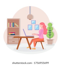 Work at home concept design. Freelance woman working on laptop at her house. Online study, education. Vector illustration