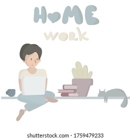 Work at home concept design. Freelance woman working on laptop at her house, dressed in home clothes. Vector illustration isolated on white background. Online study, education.