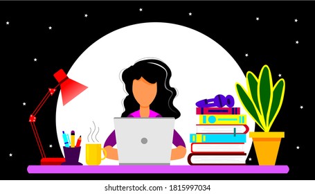 Work at home concept design. Freelance woman working on laptop at her house, dressed in home clothes at starry night vector illustration. Online study, education, learning, business, office.