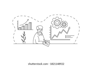 Work at home concept design. Freelance male working at the house, at the office. Online study, education. Sitting at the table in the workplace. Outline, line, doodle style.