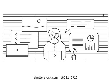 Work at home concept design. Freelance woman working on laptop at her house. Vector illustration isolated, white background. Online study, education. Sitting at the table. Outline, line, doodle style.