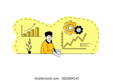 Work at home concept design. Freelance male working at the house, at the office. Online study, education. Sitting at the table in the workplace. Modern flat style.