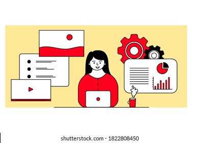 Work at home concept design. Freelance woman working on laptop at her house. Vector illustration isolated, white background. Online study, education. Sitting at the table. Modern flat style.