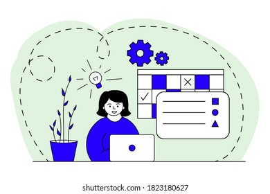 Diseño de concepto de trabajo en casa. Mujer independiente trabajando en una laptop en su casa. Ilustración vectorial aislada, fondo blanco. Estudio en línea, educación. Sentado en la mesa. Estilo moderno y plano.
