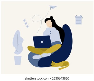 Work at home concept design. Freelance woman working on laptop at her house, dressed casual. Flat illustration.