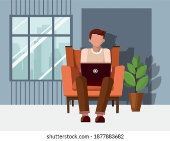Work at home concept design. Freelance man sitting in chair and working on laptop. 