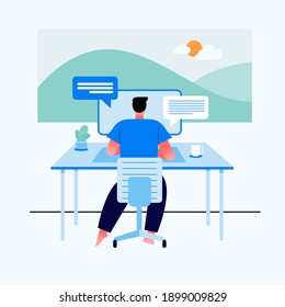 Diseño de concepto de trabajo en casa. Hombre independiente trabajando en una laptop en su casa, vestido con ropa de casa. Ilustración vectorial aislada en fondo blanco. Estudio en línea, educación.