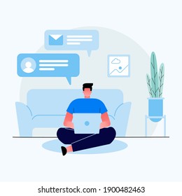 Work at home concept design. Freelance man working on laptop at her house, dressed in home clothes. Sending mail and communicatoion with someone. Online study education.