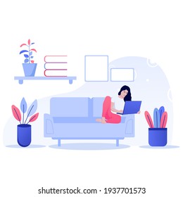 Work at home concept design. Freelance woman working on laptop at her house, dressed in home clothes. Vector illustration isolated on white background. Online study, education.