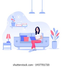 Work at home concept design. Freelance woman working on laptop at her house, dressed in home clothes. Vector illustration isolated on white background. Online study, education.