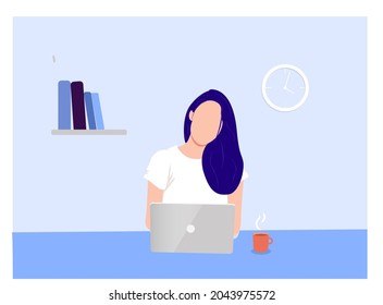 Work at home concept design. Freelance woman working on laptop at her house, dressed in home clothes. Vector illustration isolated on white background. Online study, education.
