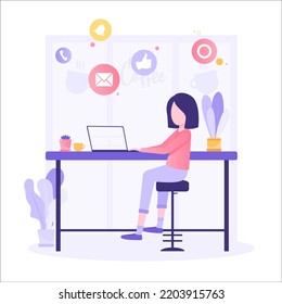 Work at home concept design. Freelance working on laptop at her house, dressed in home clothes. Vector illustration isolated on white background. Online study, education.