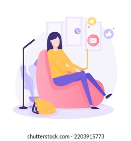 Work at home concept design. Freelance working on laptop at her house, dressed in home clothes. Vector illustration isolated on white background. Online study, education.