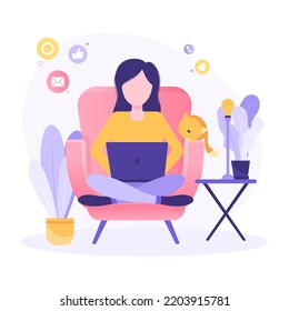 Work at home concept design. Freelance working on laptop at her house, dressed in home clothes. Vector illustration isolated on white background. Online study, education.