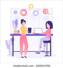 Work at home concept design. Freelance working on laptop at her house, dressed in home clothes. Vector illustration isolated on white background. Online study, education.