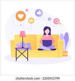 Work at home concept design. Freelance working on laptop at her house, dressed in home clothes. Vector illustration isolated on white background. Online study, education.