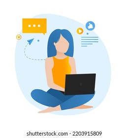 Work at home concept design. Freelance working on laptop at her house, dressed in home clothes. Vector illustration isolated on white background. Online study, education.