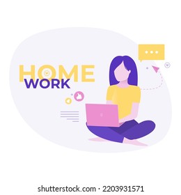 Work at home concept design. Freelance working on laptop at her house, dressed in home clothes. Vector illustration isolated on white background. Online study, education.