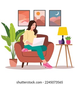 Diseño de concepto de trabajo en casa. Mujer independiente trabajando en una laptop en su casa, vestida con ropa de casa. Estudio en línea, ilustración del vector educativo.