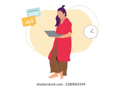 Work at home concept design. Freelance woman working on laptop at her house, dressed in home clothes. Vector illustration isolated on white background. Online study, education.