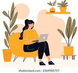 Diseño de concepto de trabajo en casa. Mujer independiente trabajando en una laptop en su casa. Ilustración vectorial aislada en fondo blanco.