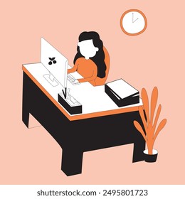 Work at home concept design. Freelance Business woman working on desktop at her house. Vector illustration isolated on orange background.