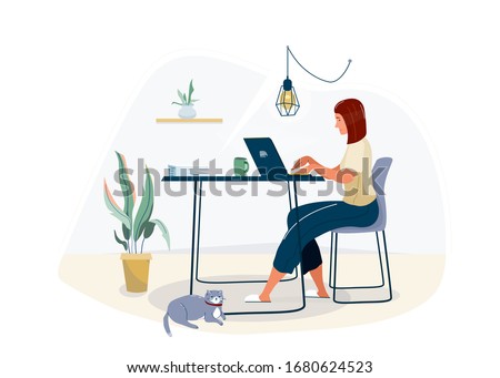 Work at home concept design. Freelance woman working on laptop at her house, dressed in home clothes. Vector illustration isolated on white background. Online study, education.