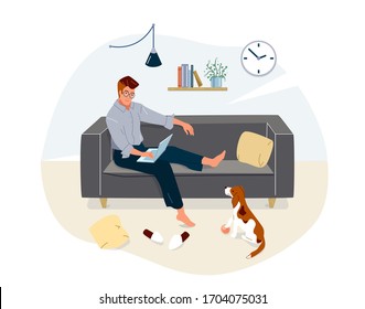 Work at home concept design. Freelancer man working on laptop sit on couch and his dog looks at him with small ball near his paws. Vector illustration isolated on white background.