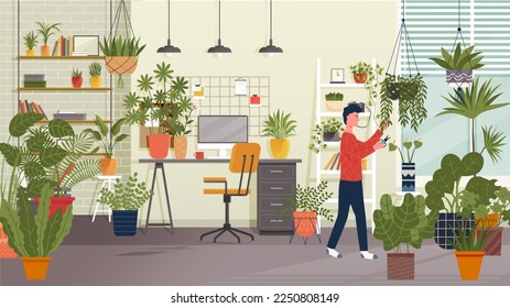 Work at home concept design. Freelancer man working on laptop at his house and caring for indoor plants. Online study, education. Person in office or living room interior with many potted plants