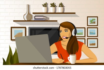 Work at home concept design illustration of Coronavirus quarantine, self isolation. Woman working laptop in comfortable workplace, modern interior. Home Office, freelance, Online study, education. 