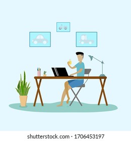 Work at home concept design.One men works online with a laptop on a wood table.Vector illustrator.Online work,stardy,shopping.