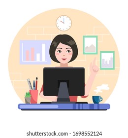 work at home concept design. short hair woman  using computer, watch monitor while sitting at her house. vector illustration isolate on wall background. 