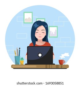 work at home concept design. woman  using laptop while sitting at her house. vector illustration isolate on wall background. 